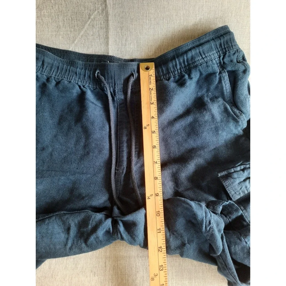 CUBAVERA Men Medium Navy Blue Cargo Shorts Elastic Waist Drawstring  Pure Linen